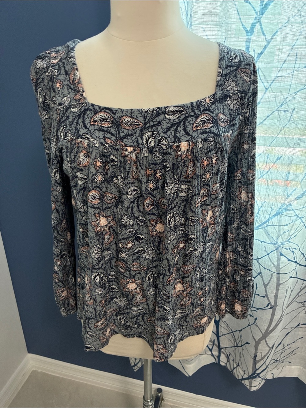 Lucky Brand Navy Floral Square-Neck Long Sleeve Top